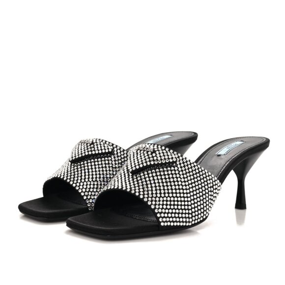 Prada Logo Slide Sandals Satin Crystal Embellished Kitten Heels Black - Picture 2 of 8